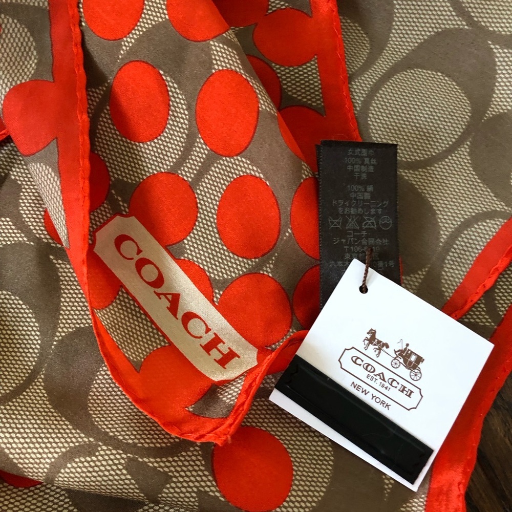 *NWT* COACH Women’s Orange/Tan Signature Logo Polka Dot 100% Silk Square Scarf - Picture 2 of 7